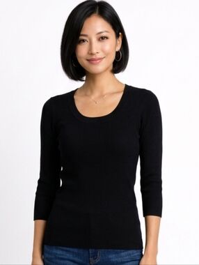 Joseph A. Black Ribbed Scoop Neck 3/4 Seeve Sweater Size M